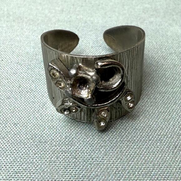 Vintage Floral Detail Faux Diamond Stones Cuff Style Silvertone Metal Ring - Picture 2 of 6